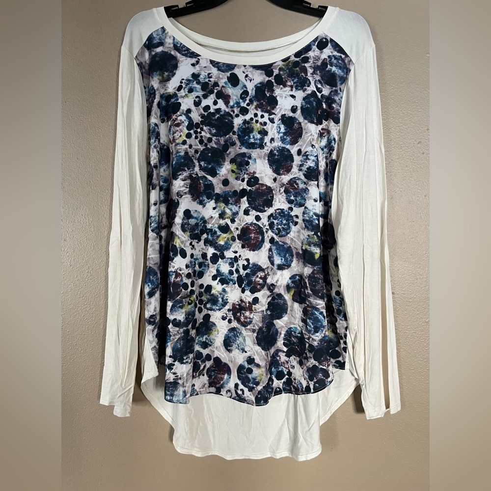 Ruff Hewn Cream and Blue Printed Long Sleeve Top/Blouse. Women’s size XL